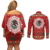 Mexico Merry Christmas Couples Matching Off Shoulder Short Dress and Long Sleeve Button Shirt Mexican Cultural Emblem Xmas Style - Wonder Print Shop