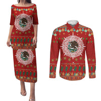 Mexico Merry Christmas Couples Matching Puletasi and Long Sleeve Button Shirt Mexican Cultural Emblem Xmas Style - Wonder Print Shop
