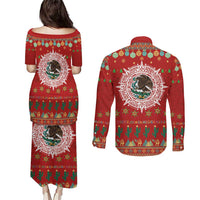 Mexico Merry Christmas Couples Matching Puletasi and Long Sleeve Button Shirt Mexican Cultural Emblem Xmas Style - Wonder Print Shop