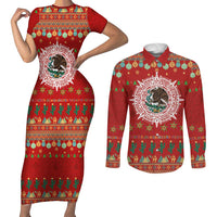 Mexico Merry Christmas Couples Matching Short Sleeve Bodycon Dress and Long Sleeve Button Shirt Mexican Cultural Emblem Xmas Style - Wonder Print Shop