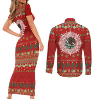 Mexico Merry Christmas Couples Matching Short Sleeve Bodycon Dress and Long Sleeve Button Shirt Mexican Cultural Emblem Xmas Style - Wonder Print Shop