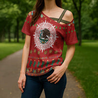 Mexico Merry Christmas Cross Shoulder Shirt Mexican Cultural Emblem Xmas Style - Wonder Print Shop