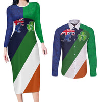 Custom Ireland and Australia Couples Matching Long Sleeve Bodycon Dress and Long Sleeve Button Shirt Shamrocks and Aboriginal Art