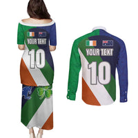 Custom Ireland and Australia Couples Matching Puletasi and Long Sleeve Button Shirt Shamrocks and Aboriginal Art