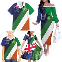 Custom Ireland and Australia Family Matching Off The Shoulder Long Sleeve Dress and Hawaiian Shirt Shamrocks and Aboriginal Art