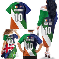 Custom Ireland and Australia Family Matching Off The Shoulder Long Sleeve Dress and Hawaiian Shirt Shamrocks and Aboriginal Art