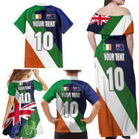 Custom Ireland and Australia Family Matching Off Shoulder Maxi Dress and Hawaiian Shirt Shamrocks and Aboriginal Art