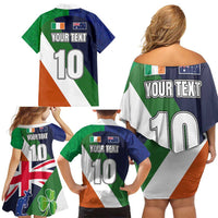 Custom Ireland and Australia Family Matching Off Shoulder Short Dress and Hawaiian Shirt Shamrocks and Aboriginal Art