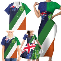 Custom Ireland and Australia Family Matching Short Sleeve Bodycon Dress and Hawaiian Shirt Shamrocks and Aboriginal Art