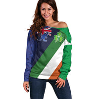 Custom Ireland and Australia Off Shoulder Sweater Shamrocks and Aboriginal Art