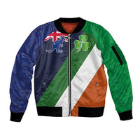Custom Ireland and Australia Sleeve Zip Bomber Jacket Shamrocks and Aboriginal Art