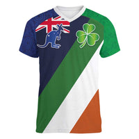 Custom Ireland and Australia Women V-Neck T-Shirt Shamrocks and Aboriginal Art