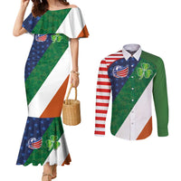 Custom Ireland and United States Couples Matching Mermaid Dress and Long Sleeve Button Shirt Shamrocks and American Flag Style