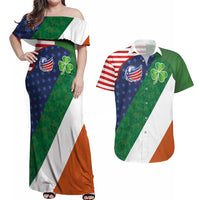 Custom Ireland and United States Couples Matching Off Shoulder Maxi Dress and Hawaiian Shirt Shamrocks and American Flag Style