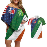 Custom Ireland and United States Couples Matching Off Shoulder Short Dress and Hawaiian Shirt Shamrocks and American Flag Style