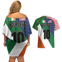 Custom Ireland and United States Couples Matching Off Shoulder Short Dress and Hawaiian Shirt Shamrocks and American Flag Style