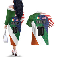 Custom Ireland and United States Couples Matching Off The Shoulder Long Sleeve Dress and Hawaiian Shirt Shamrocks and American Flag Style