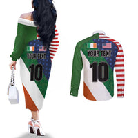 Custom Ireland and United States Couples Matching Off The Shoulder Long Sleeve Dress and Long Sleeve Button Shirt Shamrocks and American Flag Style
