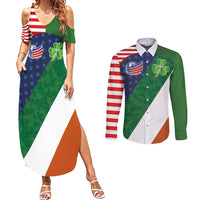 Custom Ireland and United States Couples Matching Summer Maxi Dress and Long Sleeve Button Shirt Shamrocks and American Flag Style