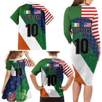 Custom Ireland and United States Family Matching Long Sleeve Bodycon Dress and Hawaiian Shirt Shamrocks and American Flag Style