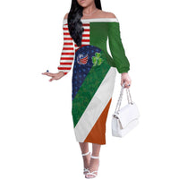 Custom Ireland and United States Family Matching Off The Shoulder Long Sleeve Dress and Hawaiian Shirt Shamrocks and American Flag Style