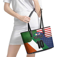 Custom Ireland and United States Leather Tote Bag Shamrocks and American Flag Style