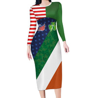 Custom Ireland and United States Long Sleeve Bodycon Dress Shamrocks and American Flag Style