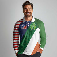 Custom Ireland and United States Long Sleeve Polo Shirt Shamrocks and American Flag Style