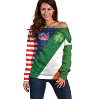 Custom Ireland and United States Off Shoulder Sweater Shamrocks and American Flag Style