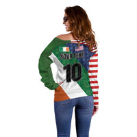 Custom Ireland and United States Off Shoulder Sweater Shamrocks and American Flag Style