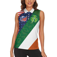 Custom Ireland and United States Women Sleeveless Polo Shirt Shamrocks and American Flag Style