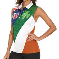 Custom Ireland and United States Women Sleeveless Polo Shirt Shamrocks and American Flag Style