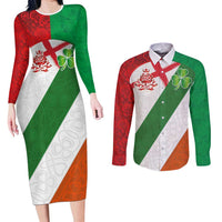 Custom Ireland and England Couples Matching Long Sleeve Bodycon Dress and Long Sleeve Button Shirt Celtic Shanrocks and Roses with Red Cross