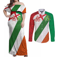 Custom Ireland and England Couples Matching Off Shoulder Maxi Dress and Long Sleeve Button Shirt Celtic Shanrocks and Roses with Red Cross