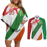 Custom Ireland and England Couples Matching Off Shoulder Short Dress and Long Sleeve Button Shirt Celtic Shanrocks and Roses with Red Cross