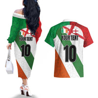 Custom Ireland and England Couples Matching Off The Shoulder Long Sleeve Dress and Hawaiian Shirt Celtic Shanrocks and Roses with Red Cross