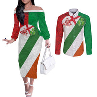 Custom Ireland and England Couples Matching Off The Shoulder Long Sleeve Dress and Long Sleeve Button Shirt Celtic Shanrocks and Roses with Red Cross