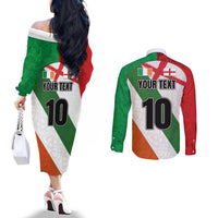 Custom Ireland and England Couples Matching Off The Shoulder Long Sleeve Dress and Long Sleeve Button Shirt Celtic Shanrocks and Roses with Red Cross