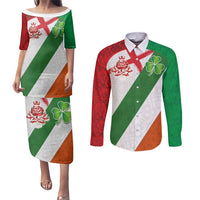 Custom Ireland and England Couples Matching Puletasi and Long Sleeve Button Shirt Celtic Shanrocks and Roses with Red Cross