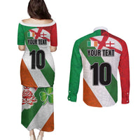 Custom Ireland and England Couples Matching Puletasi and Long Sleeve Button Shirt Celtic Shanrocks and Roses with Red Cross