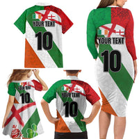 Custom Ireland and England Family Matching Long Sleeve Bodycon Dress and Hawaiian Shirt Celtic Shanrocks and Roses with Red Cross