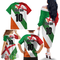 Custom Ireland and England Family Matching Off The Shoulder Long Sleeve Dress and Hawaiian Shirt Celtic Shanrocks and Roses with Red Cross