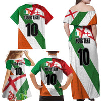 Custom Ireland and England Family Matching Off Shoulder Maxi Dress and Hawaiian Shirt Celtic Shanrocks and Roses with Red Cross