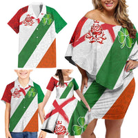 Custom Ireland and England Family Matching Off Shoulder Short Dress and Hawaiian Shirt Celtic Shanrocks and Roses with Red Cross