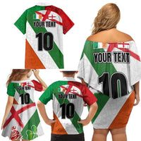 Custom Ireland and England Family Matching Off Shoulder Short Dress and Hawaiian Shirt Celtic Shanrocks and Roses with Red Cross