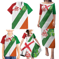 Custom Ireland and England Family Matching Puletasi and Hawaiian Shirt Celtic Shanrocks and Roses with Red Cross