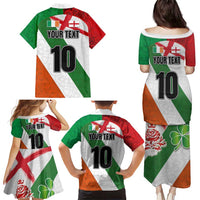 Custom Ireland and England Family Matching Puletasi and Hawaiian Shirt Celtic Shanrocks and Roses with Red Cross