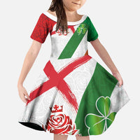 Custom Ireland and England Family Matching Short Sleeve Bodycon Dress and Hawaiian Shirt Celtic Shanrocks and Roses with Red Cross