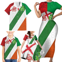 Custom Ireland and England Family Matching Short Sleeve Bodycon Dress and Hawaiian Shirt Celtic Shanrocks and Roses with Red Cross