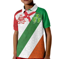 Custom Ireland and England Kid Polo Shirt Celtic Shanrocks and Roses with Red Cross
